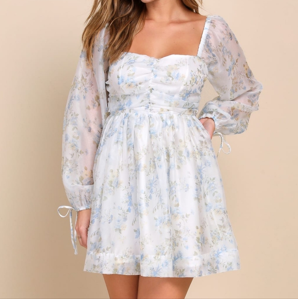 Lulus White and blue floral baby doll dress